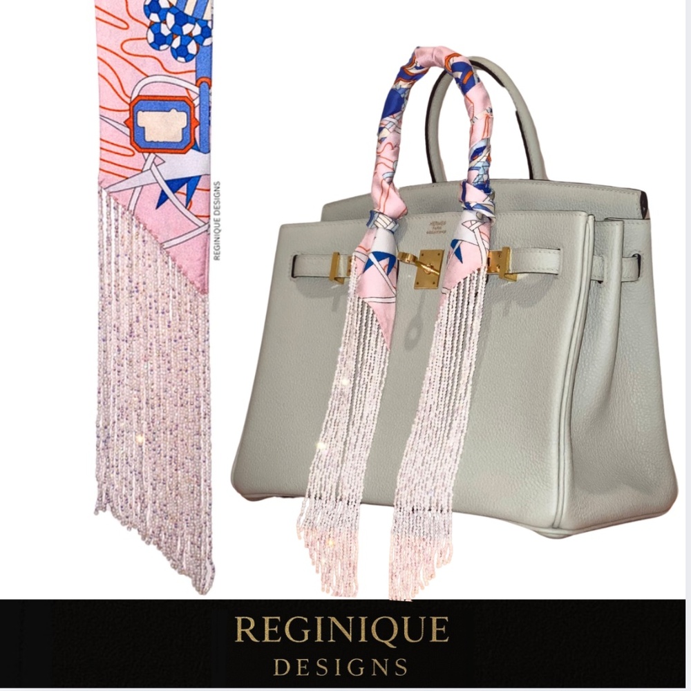 SeraBijoulet™ Handcrafted Silk Skinny Scarf with Beaded Fringe - Picture 1 of 7